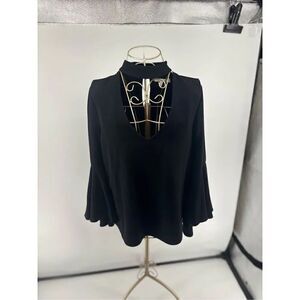 WAYF Black Deep V Cutout Bell Sleeve Blouse Women's Size 8 Faux Pearl Button